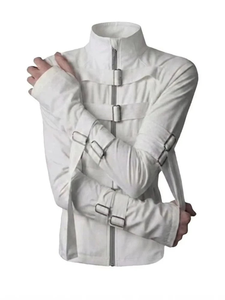 Mens PU Leather Jacket American Street Stand Collar Cropped Coat Harajuku Unisex Zip Up Buckle Design Vintage Casual Fashion New