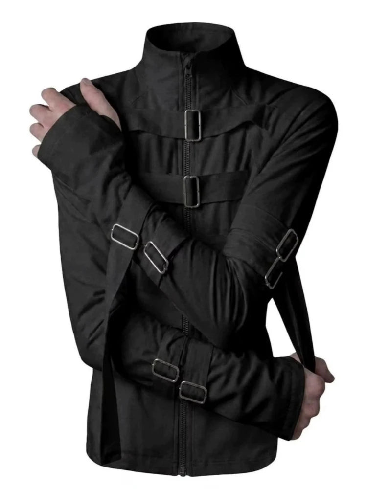 Mens PU Leather Jacket American Street Stand Collar Cropped Coat Harajuku Unisex Zip Up Buckle Design Vintage Casual Fashion New